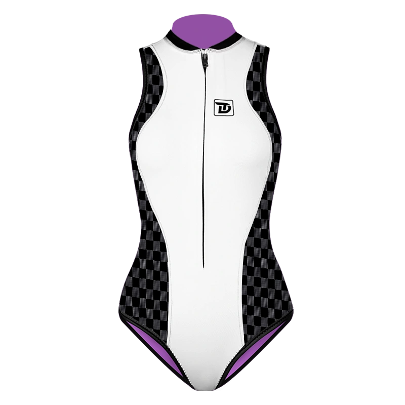 Plaid Patchwork Sleeveless Front-Zipper Bikini Wetsuit