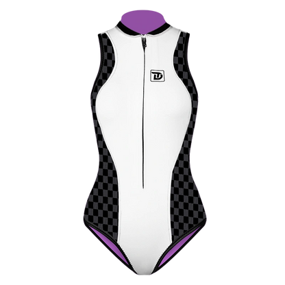 Plaid Patchwork Sleeveless Front-Zipper Bikini Wetsuit