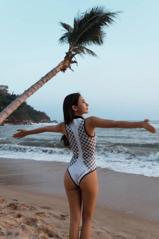 Plaid Patchwork Sleeveless Front-Zipper Bikini Wetsuit
