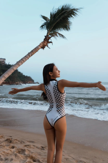 Plaid Patchwork Sleeveless Front-Zipper Bikini Wetsuit