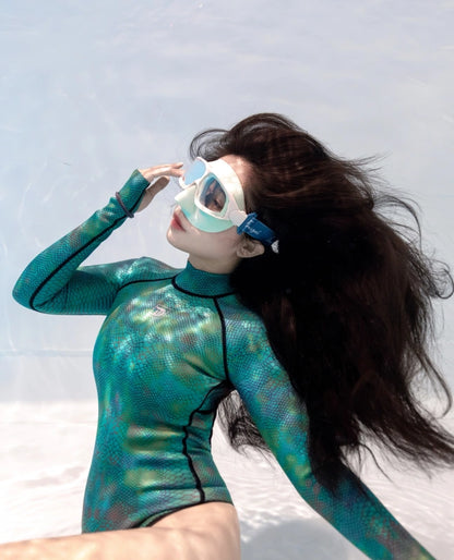 Turquoise Snake Skin Pattern Backless Bikini Wetsuit