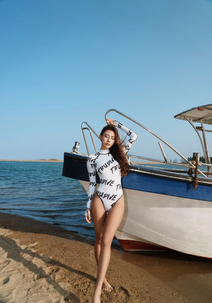 Clerical script pattern open back bikini wetsuit